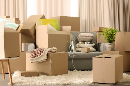 Business move checklist and packed equipment ready for transport