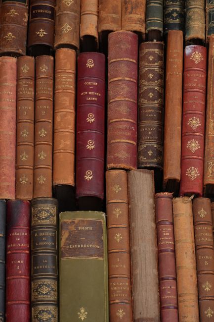 A close-up view of a collection of vertically aligned, aged hardcover books on a bookshelf, featuring spines in various shades of brown, red, green, and black with gold embossed lettering and decorative elements. The books are densely packed, with some showing signs of wear such as frayed edges and faded covers. In the background, a partially visible room with natural lighting suggests an indoor environment suitable for home relocation or packing and moving services. This imagery highlights the careful handling and packing of household items, such as books, during a house removal process. Man with Van Bounds Green provides furniture transport and relocation support, ensuring the secure loading of belongings onto vans for efficient moving logistics.
