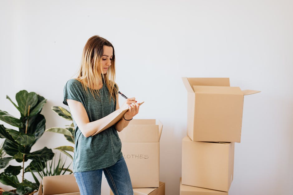 A young woman with long blonde hair, wearing a casual grey t-shirt and blue jeans, stands indoors surrounded by moving boxes and packing materials. She is holding a clipboard and pen, appearing to take notes or check items related to a house relocation. Behind her, there are several large cardboard boxes, some closed and others open, with one box marked 'CLOTHES'. The room has white walls and a bright, natural lighting environment, indicating a clean and organized space. To her left, a green houseplant adds a touch of greenery. The scene suggests the packing and moving process, involving careful inventory or planning for a professional house removal service. This visual aligns with the activities of a home relocation, such as packing, preparing for furniture transport, and coordinating moving logistics, with occasional mention of the services provided by Man with Van Bounds Green.